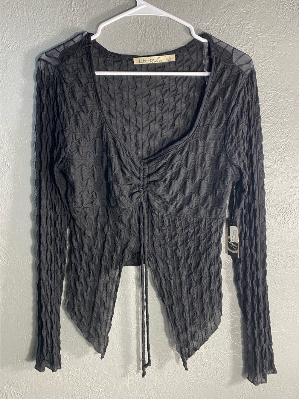 Liberty Love Top Womens L NWT Gray Ruched Drawstring Crinkle Pointed Hem Y2K